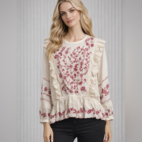 0868. Embroidered Cream and Red blouse - Picture 2 of 2